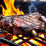 **Kenyan "nyama choma" on an open fire:** Focus on the succulent grilled meat, seasoned simply with salt and pepper, with flames visible. Capture the essence of a local Nairobi restaurant.