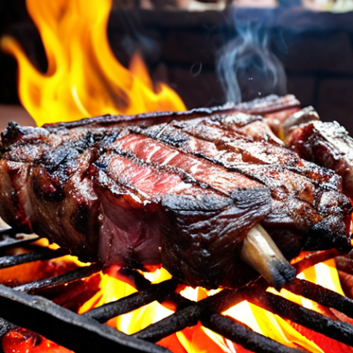 Home 18 **Kenyan "nyama choma" on an open fire:** Focus on the succulent grilled meat, seasoned simply with salt and pepper, with flames visible. Capture the essence of a local Nairobi restaurant.