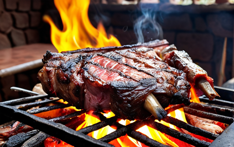 **Kenyan "nyama choma" on an open fire:** Focus on the succulent grilled meat, seasoned simply with salt and pepper, with flames visible. Capture the essence of a local Nairobi restaurant.