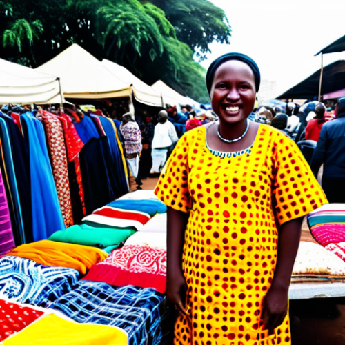 Home 10 **Image:** A vibrant market scene in Nairobi, Kenya.
**Prompt:** "A bustling open-air market in Nairobi, Kenya, filled with colorful fabrics, fresh produce, and handcrafted goods. A Kenyan woman in a brightly patterned, fully clothed traditional dress is smiling as she sells her wares. In the background, other vendors and customers are interacting, showcasing the energy of the city. Safe for work, appropriate content, fully clothed, professional photography, perfect anatomy, natural proportions, high quality."