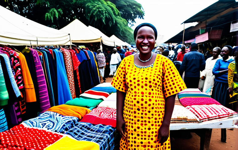 **Image:** A vibrant market scene in Nairobi, Kenya.
   **Prompt:** "A bustling open-air market in Nairobi, Kenya, filled with colorful fabrics, fresh produce, and handcrafted goods. A Kenyan woman in a brightly patterned, fully clothed traditional dress is smiling as she sells her wares. In the background, other vendors and customers are interacting, showcasing the energy of the city. Safe for work, appropriate content, fully clothed, professional photography, perfect anatomy, natural proportions, high quality."